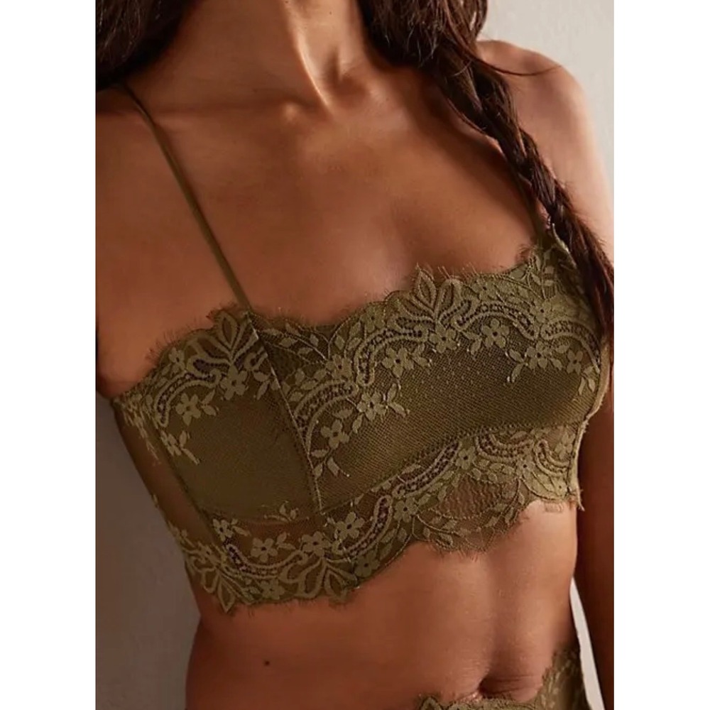 Intimately Free People Olive Green Lace Bustier Crop Top M/L Lace Up Back